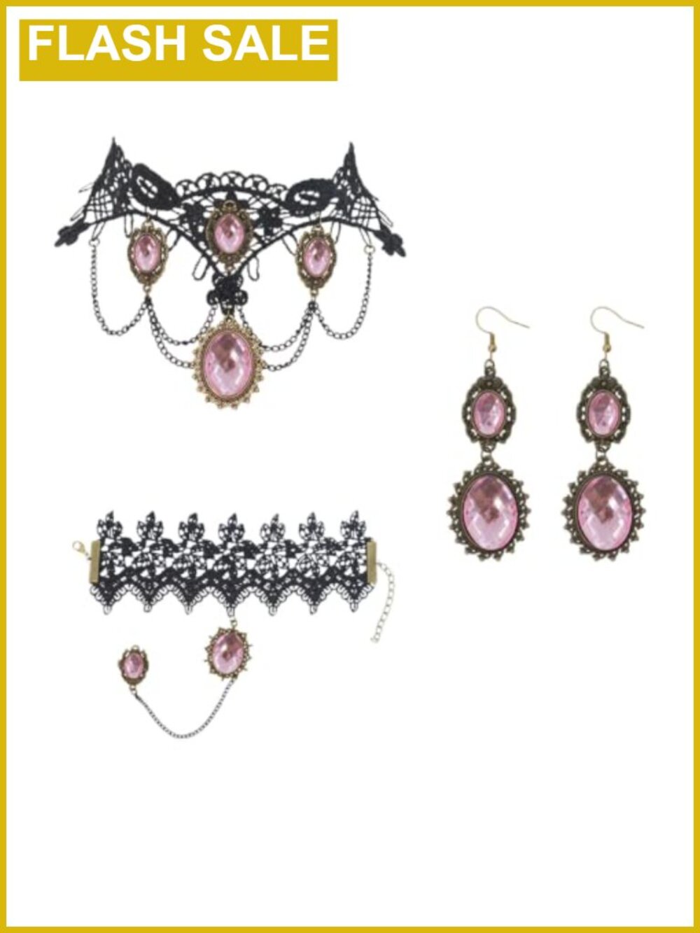 Gothic Victorian Black Lace Jewelry Set Crystal Choker Drop Earrings Bracelet